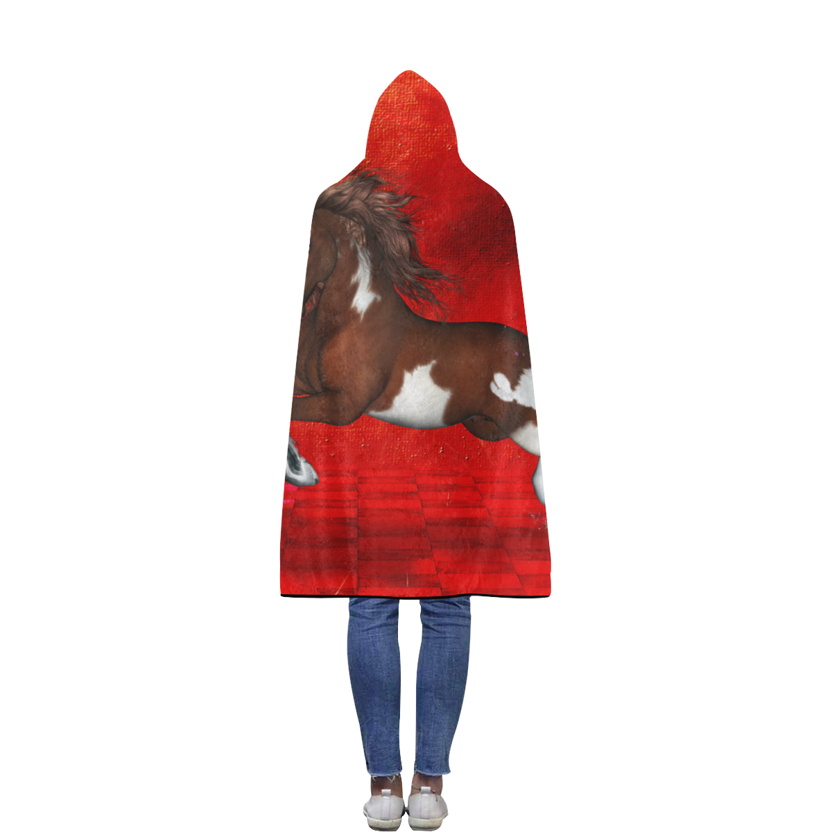 Wild horse on red background Flannel Hooded Blanket 50''x60''
