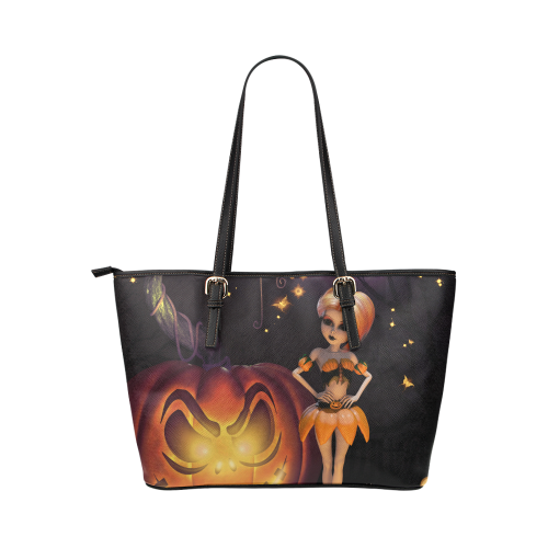 Halloween, girl with pumpkin Leather Tote Bag/Small (Model 1651)