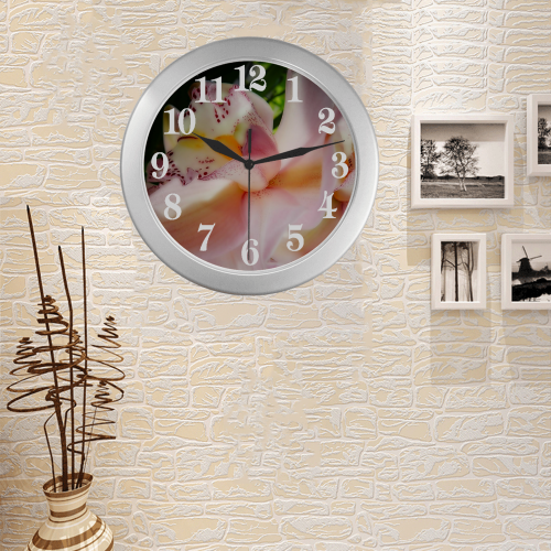 Pink orchid Silver Color Wall Clock