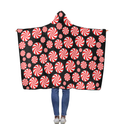 Christmas Peppermint Candy on Black Flannel Hooded Blanket 50''x60''