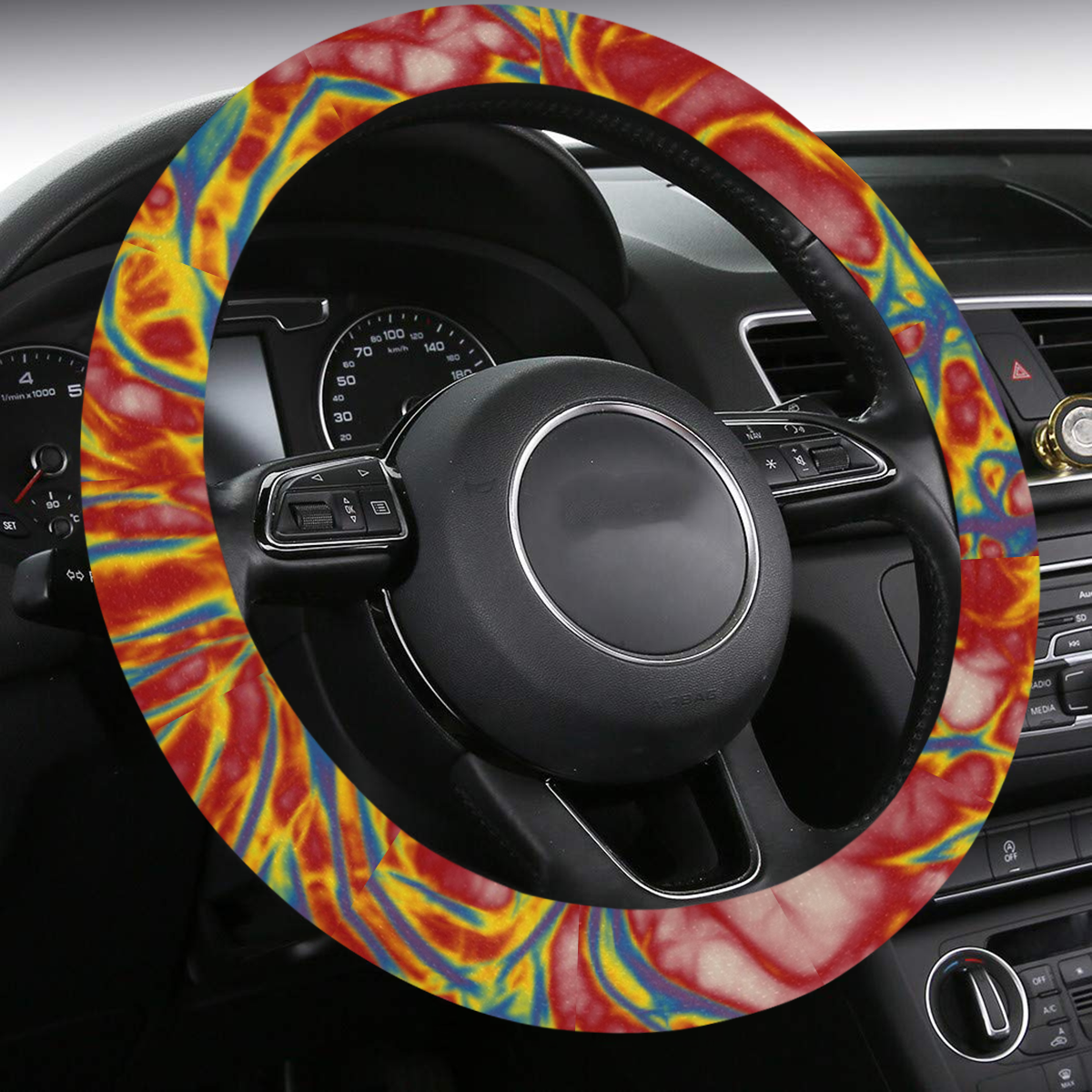 Fractal Batik ART - Hippie Blue Branches Steering Wheel Cover with Anti-Slip Insert