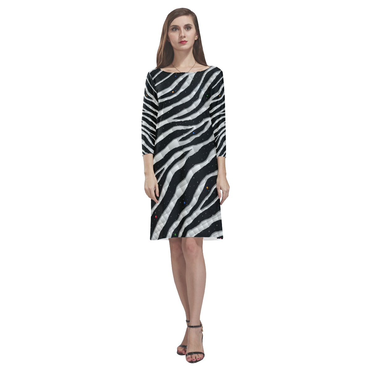 Ripped SpaceTime Stripes - White Rhea Loose Round Neck Dress(Model D22)