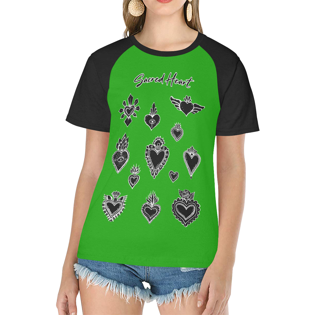 SACRED HEART - EX VOTO - Black Women's Raglan T-Shirt/Front Printing (Model T62)