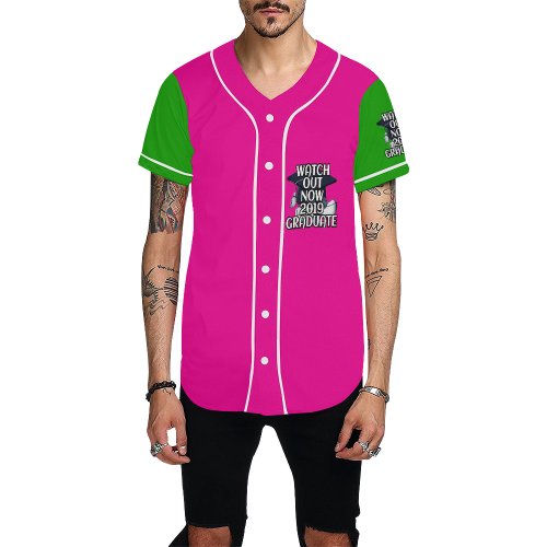 2019 Graduate Pink Green All Over Print Baseball Jersey for Men (Model T50)