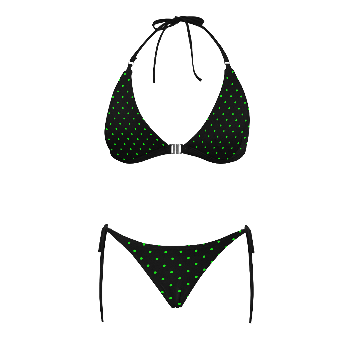 Green Polka Dots on Black Buckle Front Halter Bikini Swimsuit (Model S08)