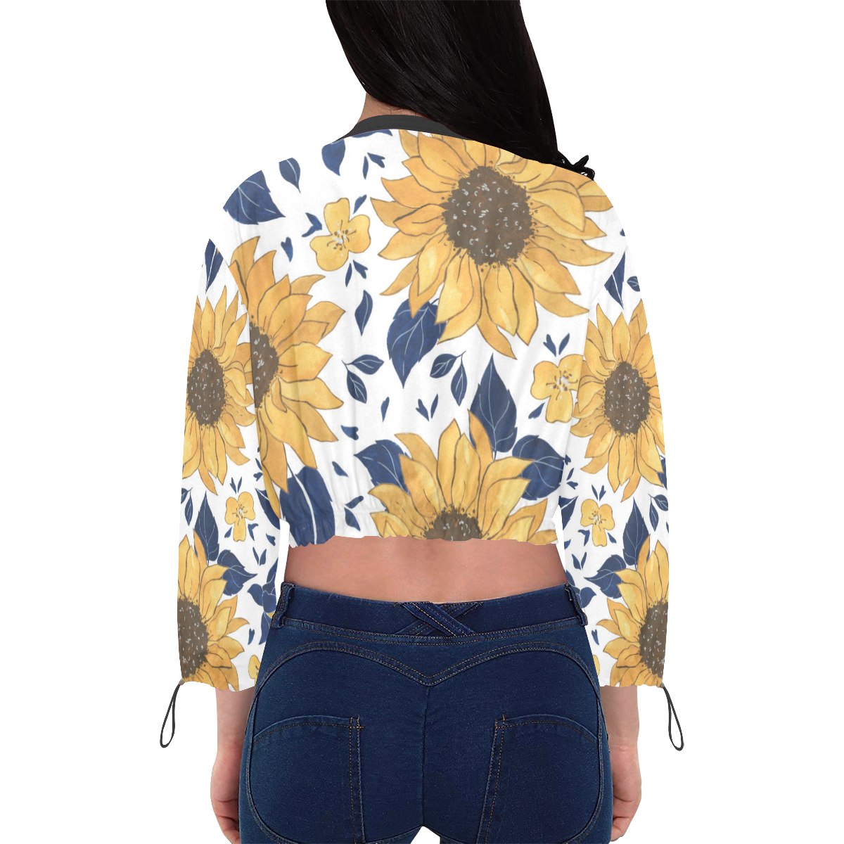 Sunflower Crop Hoodie Cropped Chiffon Jacket for Women (Model H30)