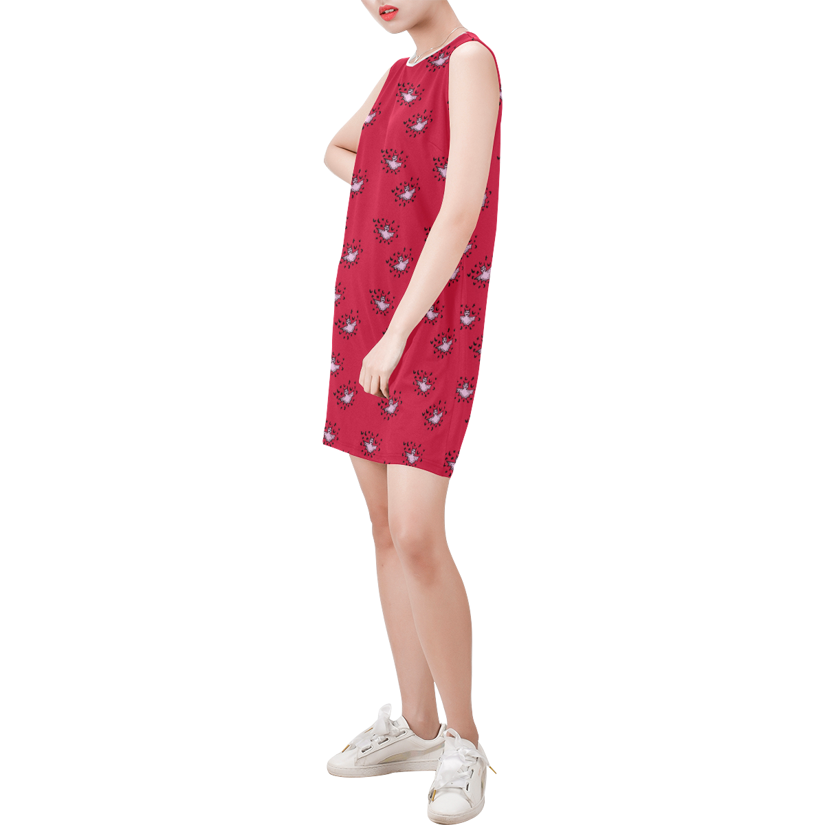 zodiac bat pink red Sleeveless Round Neck Shift Dress (Model D51)