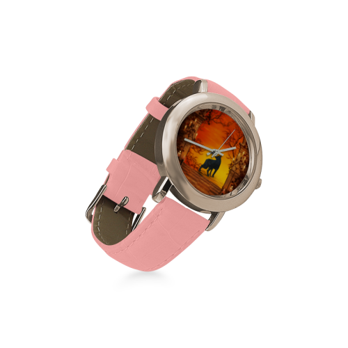 Wonderful black wolf in the night Women's Rose Gold Leather Strap Watch(Model 201)