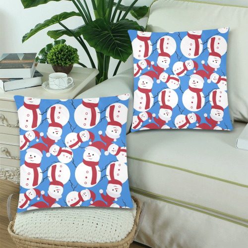 Snowman CHRISTMAS Pattern BLUE Custom Zippered Pillow Cases 18"x 18" (Twin Sides) (Set of 2)