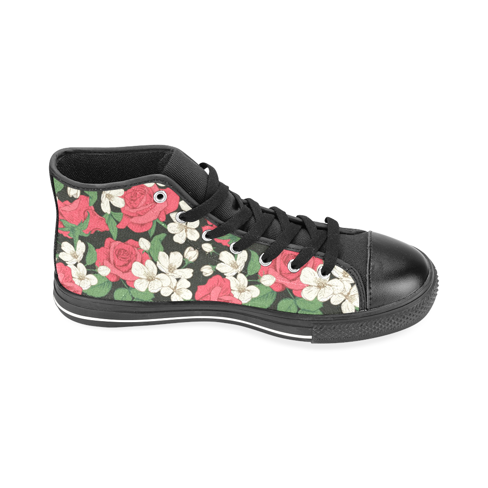 Pink, White and Black Floral Men’s Classic High Top Canvas Shoes /Large Size (Model 017)