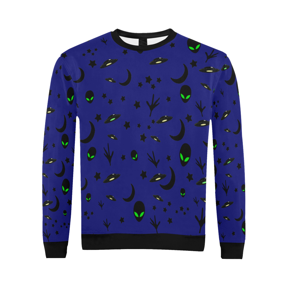 Alien Flying Saucers Stars Pattern on Blue All Over Print Crewneck Sweatshirt for Men (Model H18)