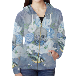 Gothic Skull With Butterfly All Over Print Full Zip Hoodie for Women (Model H14)