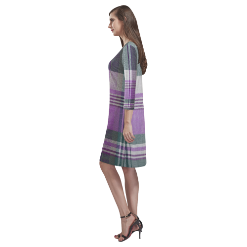Purple Madras Plaid TALLER Pattern Rhea Loose Round Neck Dress(Model D22)