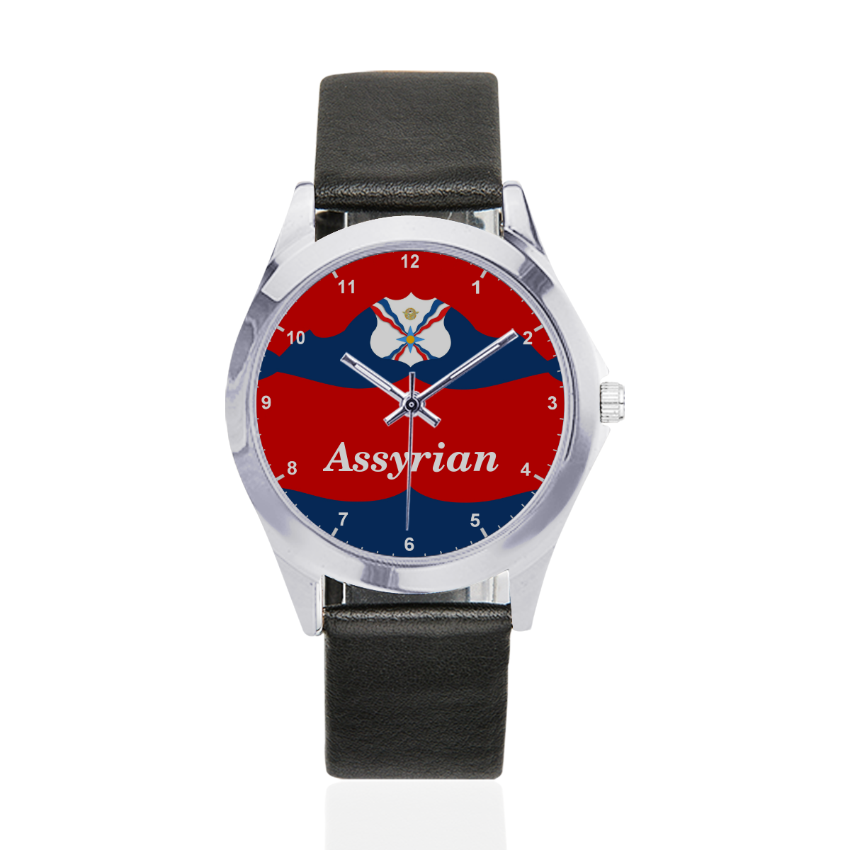 Assyrian flag Unisex Silver-Tone Round Leather Watch (Model 216)