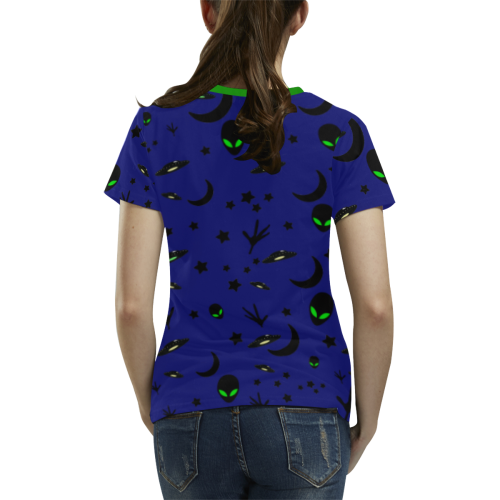 Alien Flying Saucers Stars Pattern on Blue/Green Trim All Over Print T-shirt for Women/Large Size (USA Size) (Model T40)