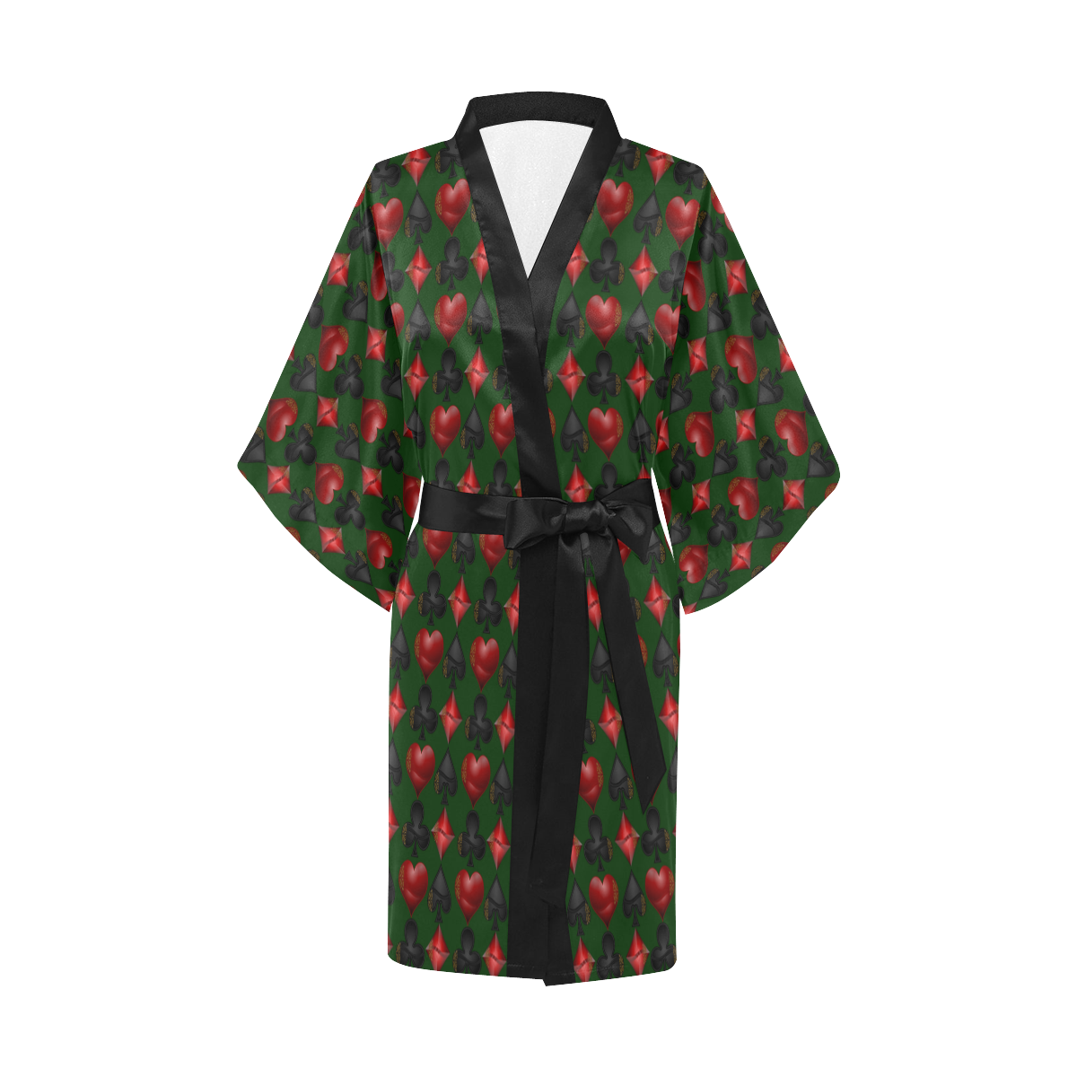 Las Vegas Black and Red Casino Poker Card Shapes on Green Kimono Robe