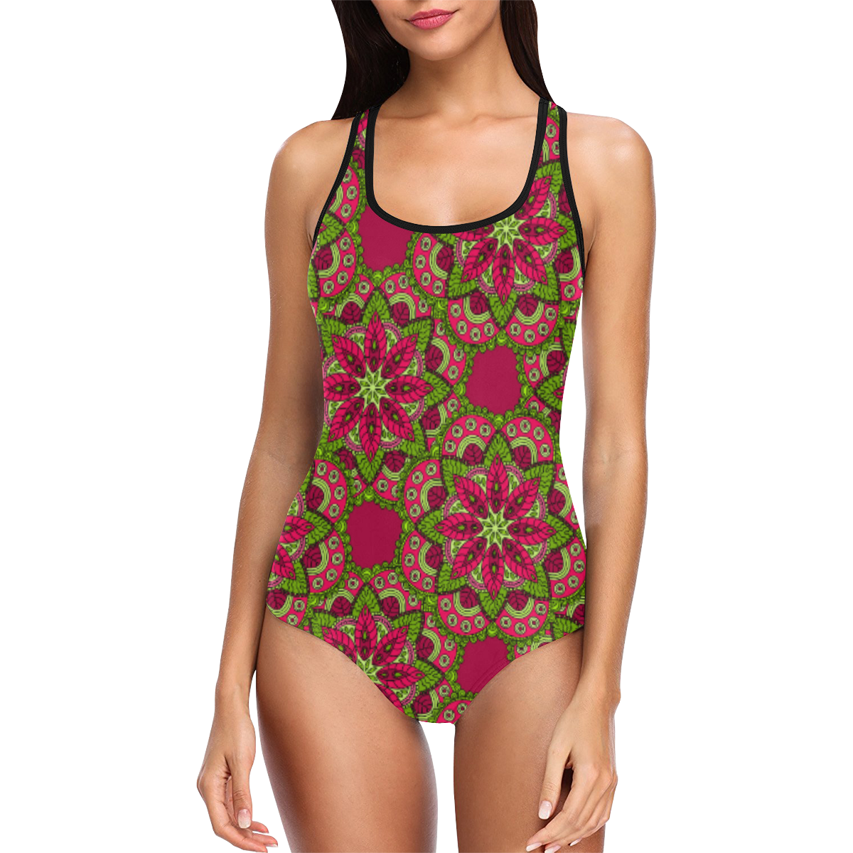 Burgundy Mandala Floral Vest One Piece Swimsuit (Model S04)