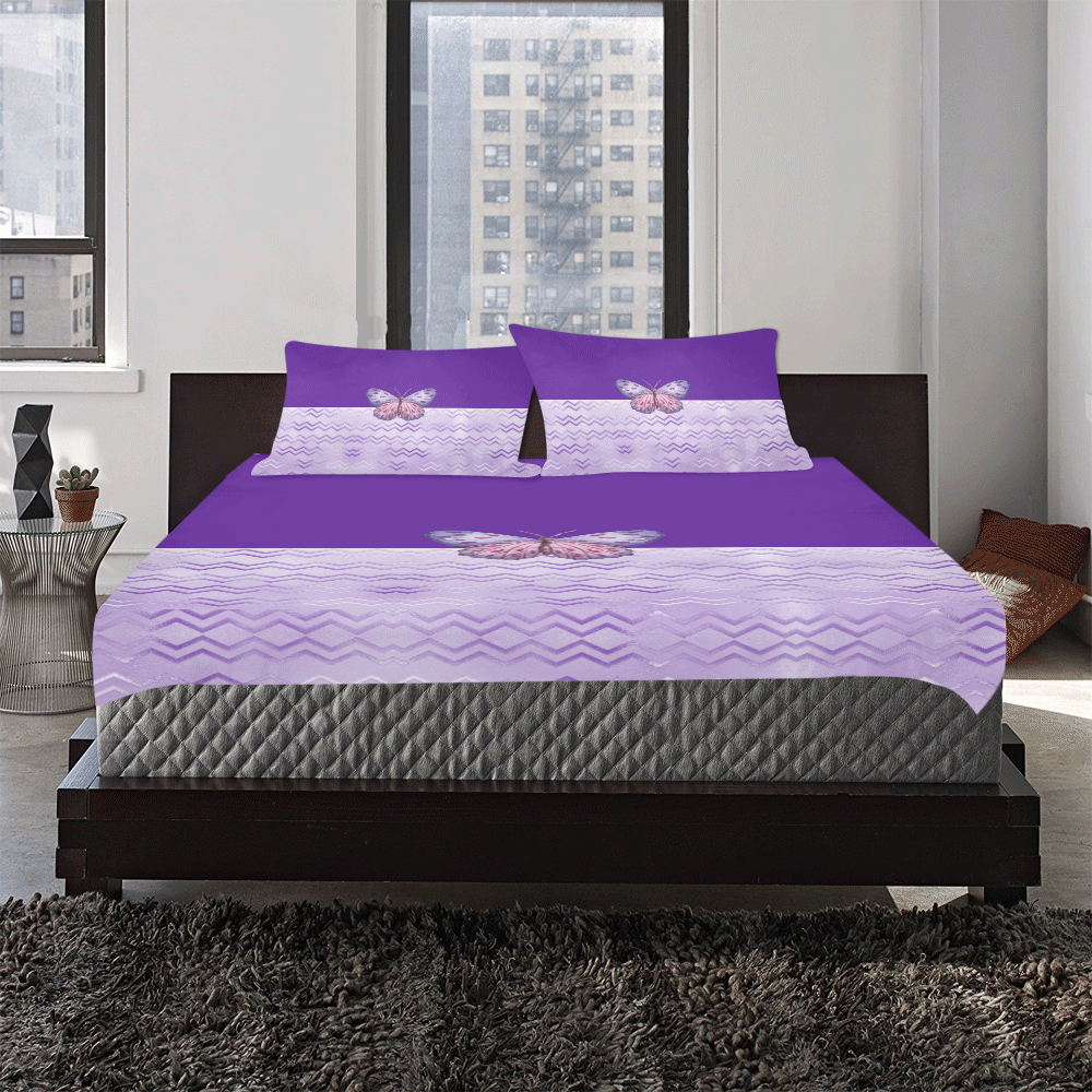 Purple Butterfly Chevron 3-Piece Bedding Set