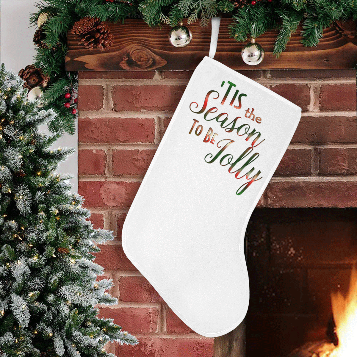 Christmas 'Tis The Season on White Christmas Stocking (Without Folded Top)