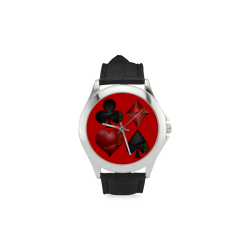Las Vegas Black and Red Casino Poker Card Shapes on Red Women's Classic Leather Strap Watch(Model 203)