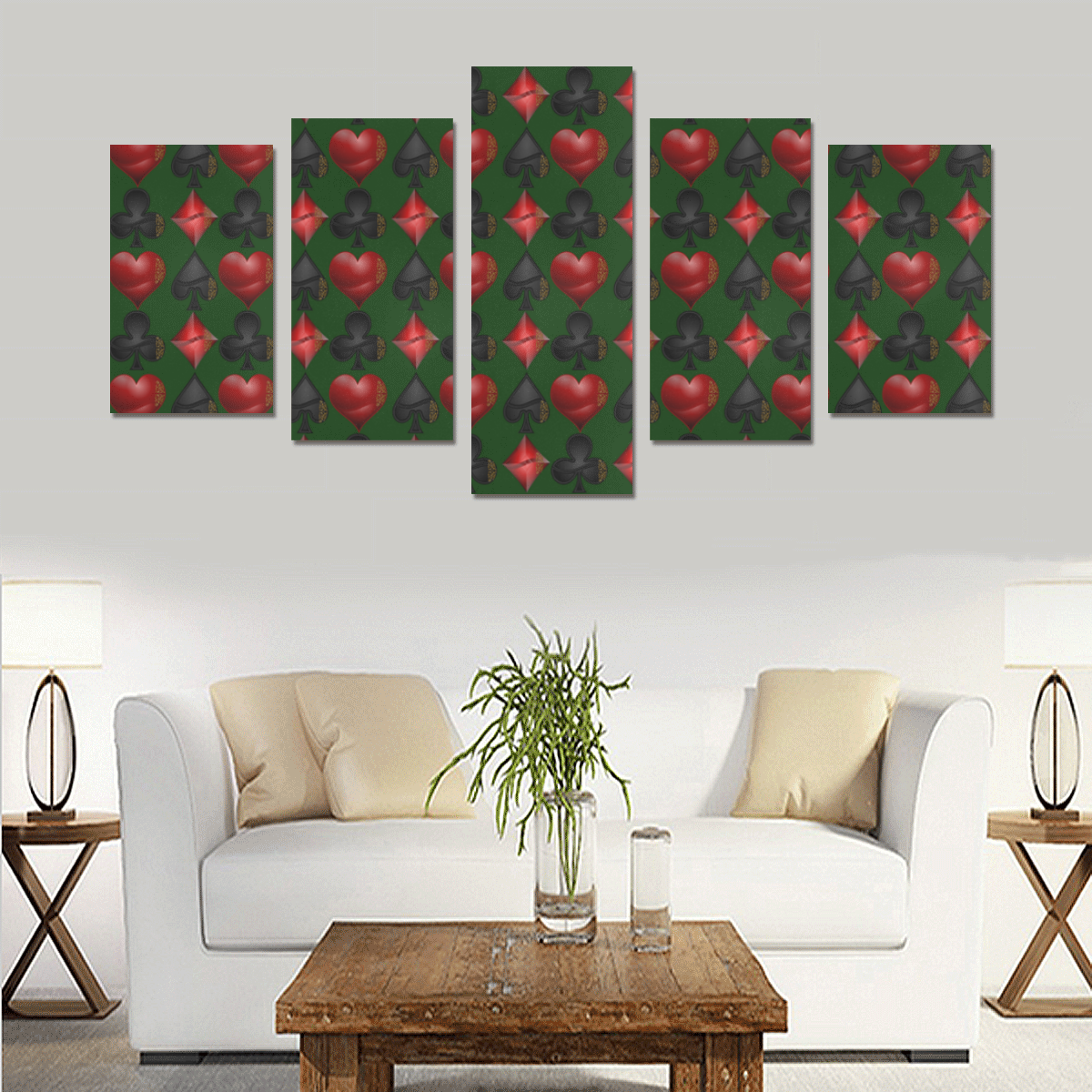 Las Vegas Black and Red Casino Poker Card Shapes on Green Canvas Print Sets C (No Frame)