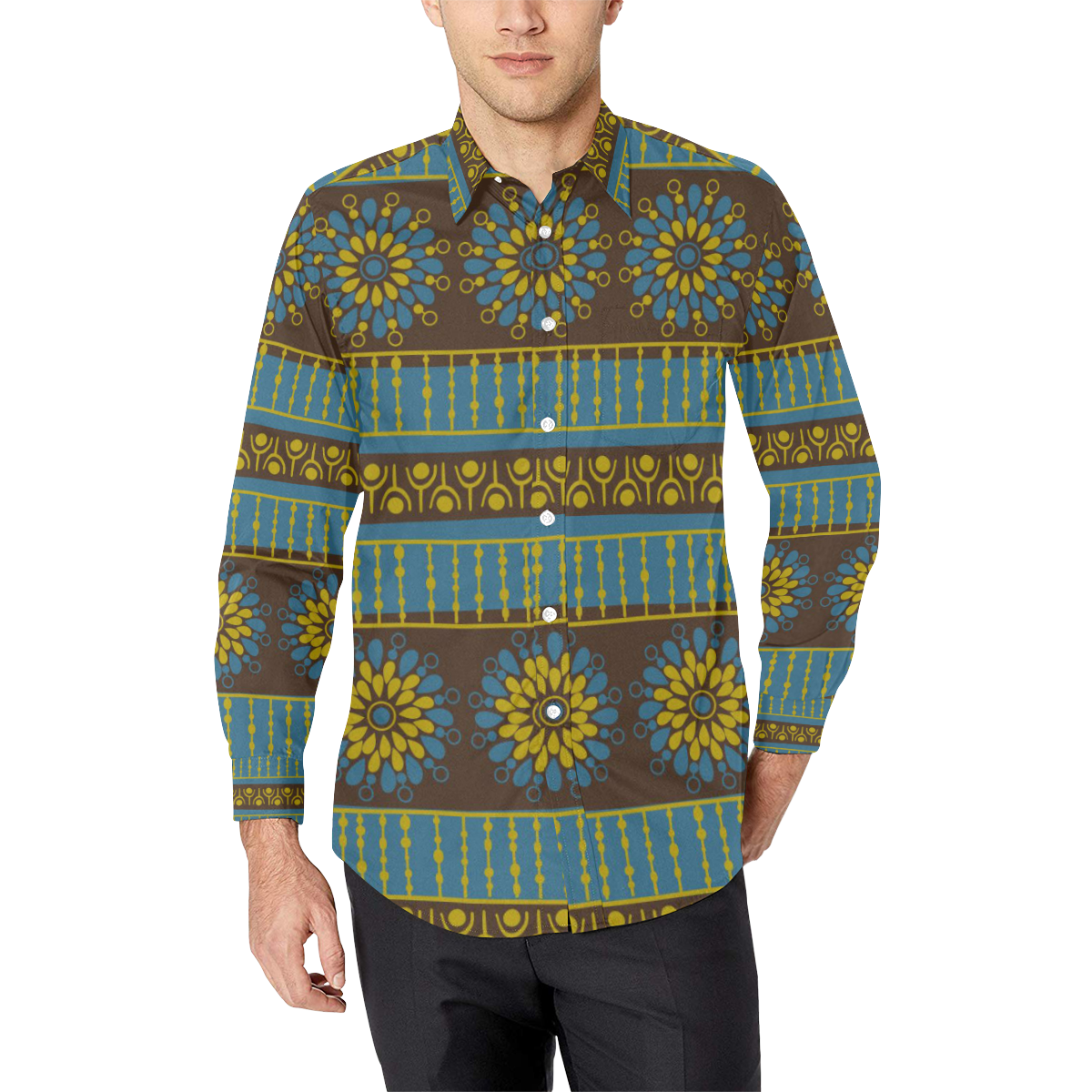 Ethnic BohemianTeal, Brown, and Green Men's All Over Print Casual Dress Shirt (Model T61)