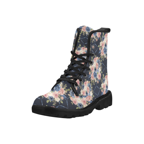 Floral Flowers Boots, Navy Flowers Martin Boots for Women (Black) (Model 1203H)