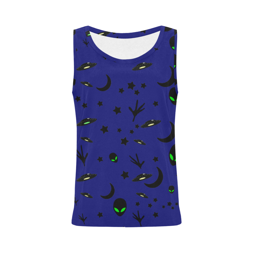 Alien Flying Saucers Stars Pattern on Blue All Over Print Tank Top for Women (Model T43)