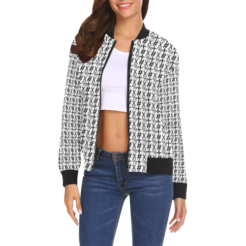 NUMBERS Collection Symbols White/Black/Black All Over Print Bomber Jacket for Women (Model H19)
