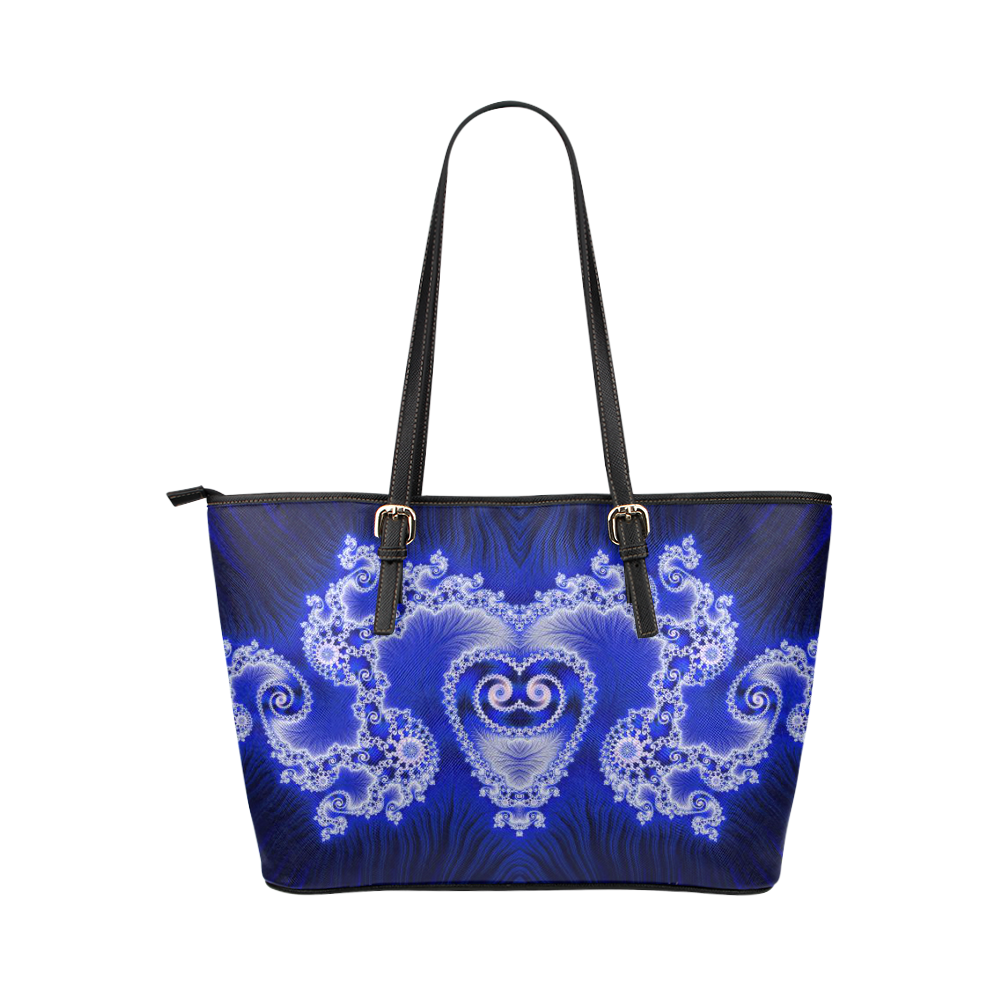 Blue and White Hearts  Lace Fractal Abstract Leather Tote Bag/Small (Model 1651)