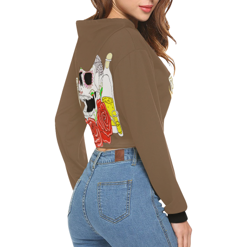 Day Of The Dead Sugar Skull Brown All Over Print Crop Hoodie for Women (Model H22)