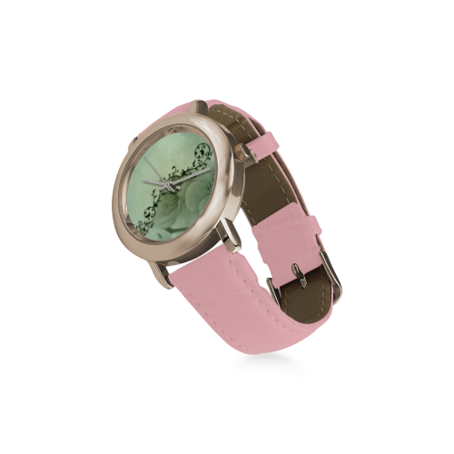 Wonderful flowers, soft green colors Women's Rose Gold Leather Strap Watch(Model 201)