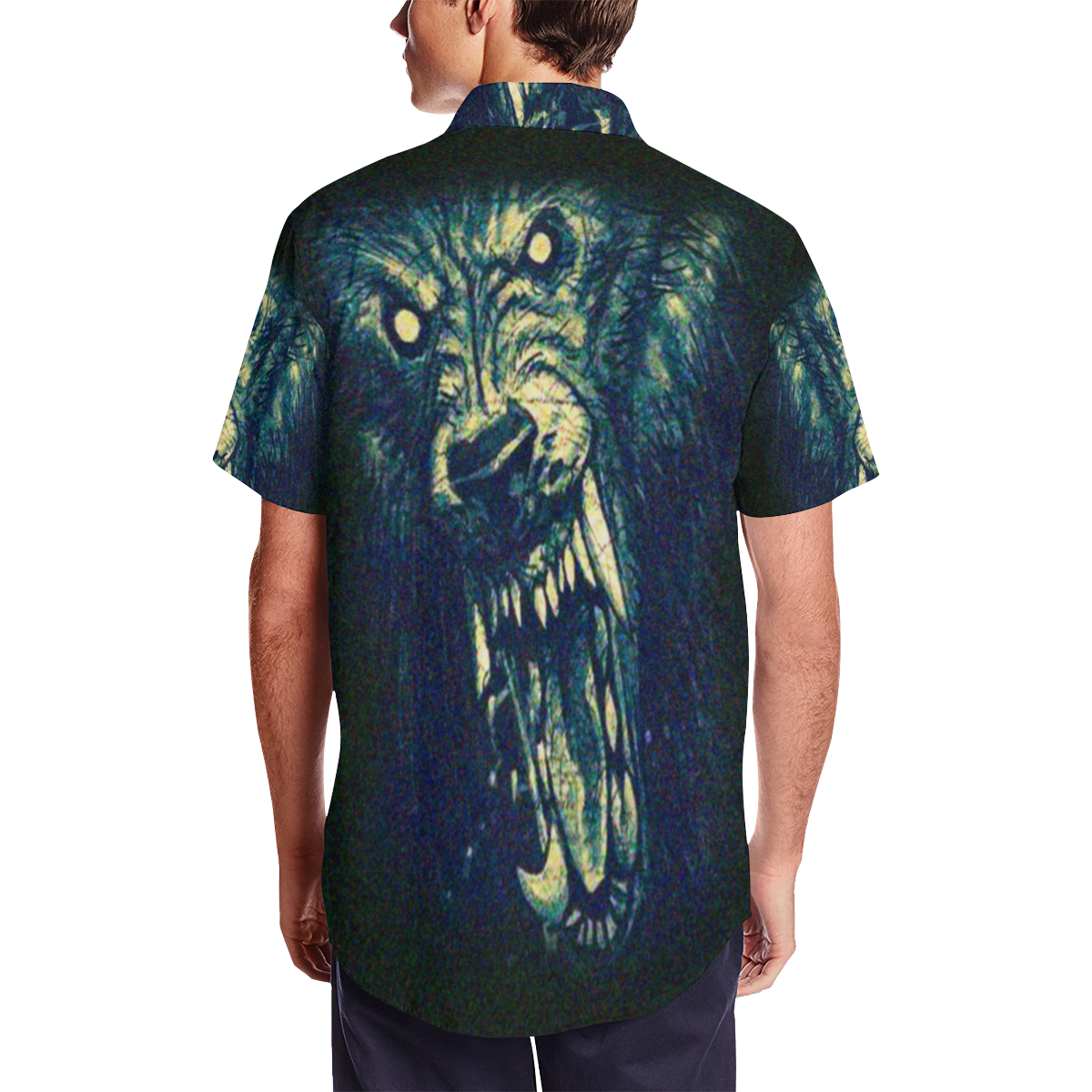 Werewolf Horror Underground Satin Dress Shirt Men's Short Sleeve Shirt with Lapel Collar (Model T54)
