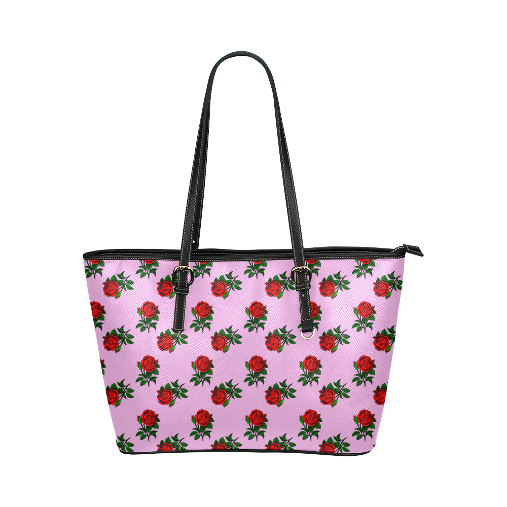 red roses pink Leather Tote Bag/Large (Model 1651)
