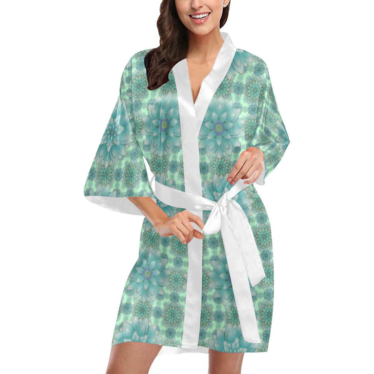 Turquoise Happiness, Lotus pattern Kimono Robe