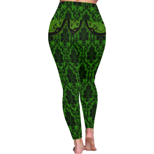 Gothic Victorian Black'n Green Pattern Women's Plus Size High Waist Leggings (Model L44)