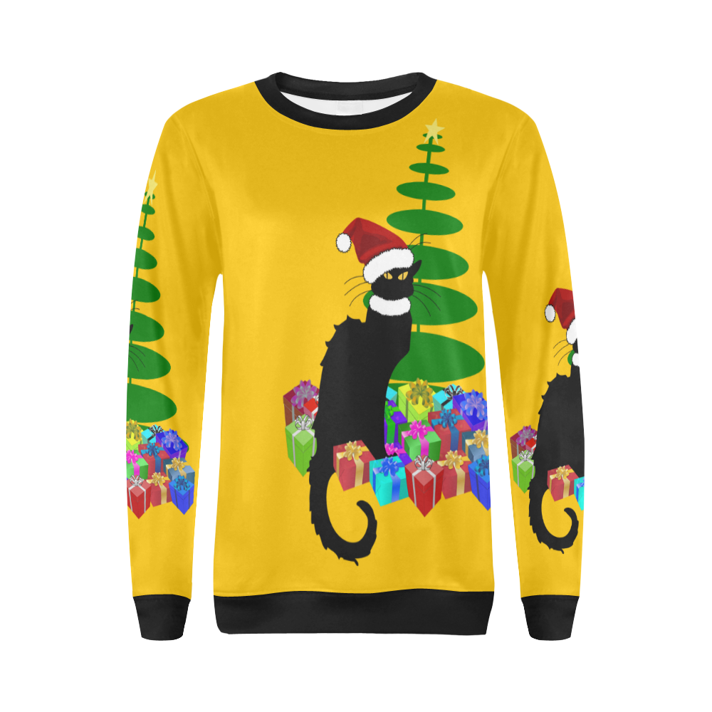 Christmas Le Chat Noir with Santa Hat All Over Print Crewneck Sweatshirt for Women (Model H18)