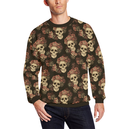 Skull and Rose Pattern All Over Print Crewneck Sweatshirt for Men (Model H18)
