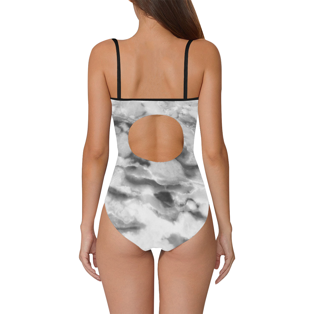Marble Black and White Pattern Strap Swimsuit ( Model S05)