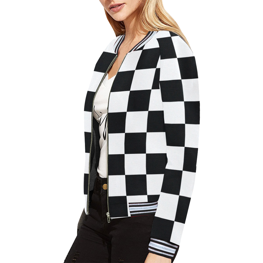 Black White Checkers All Over Print Bomber Jacket for Women (Model H21)