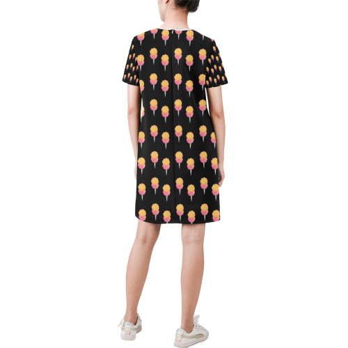 cotton candy pattern  black Short-Sleeve Round Neck A-Line Dress (Model D47)