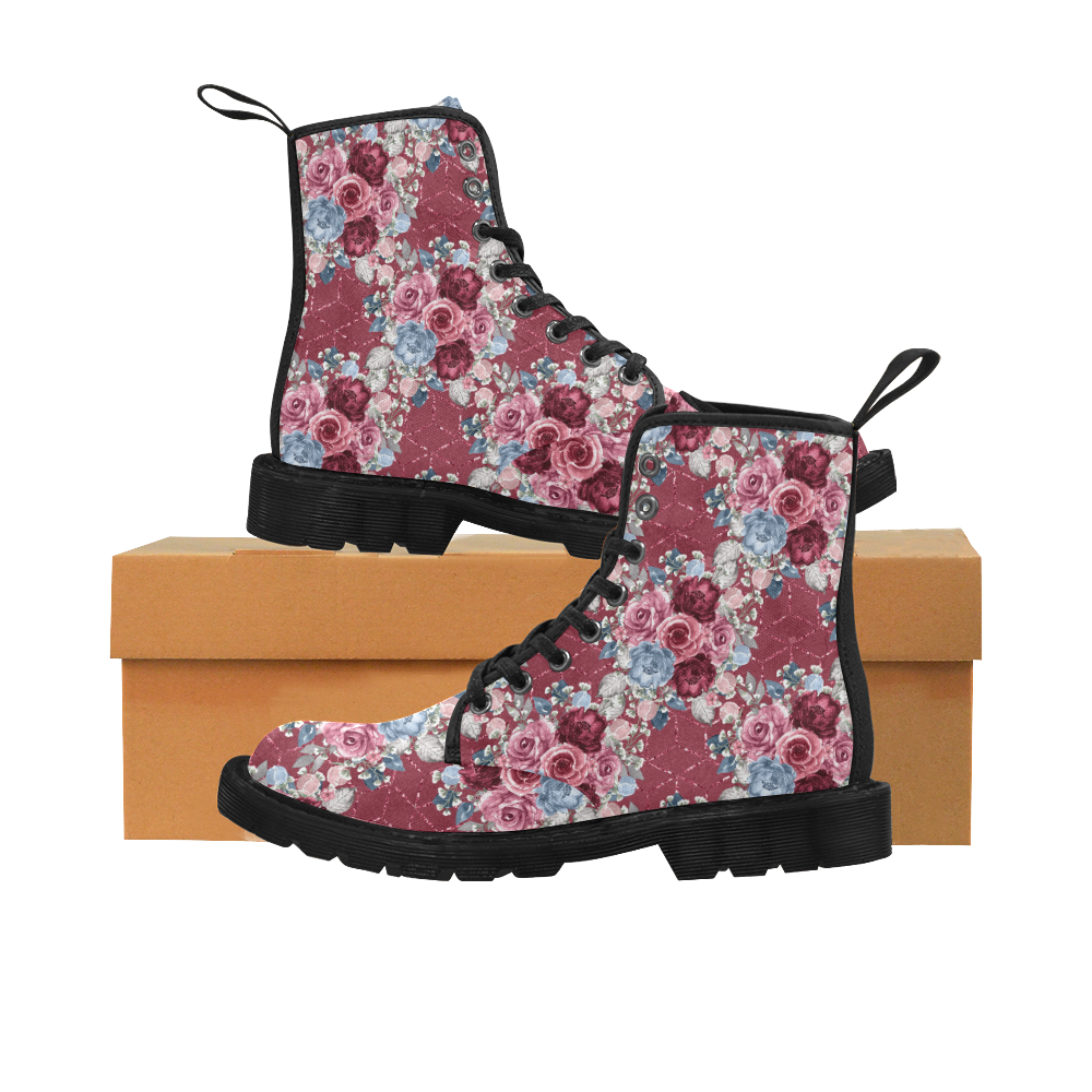 Floral Seamless Pattern Boots, Burgundy Navy Floral Martin Boots for Women (Black) (Model 1203H)