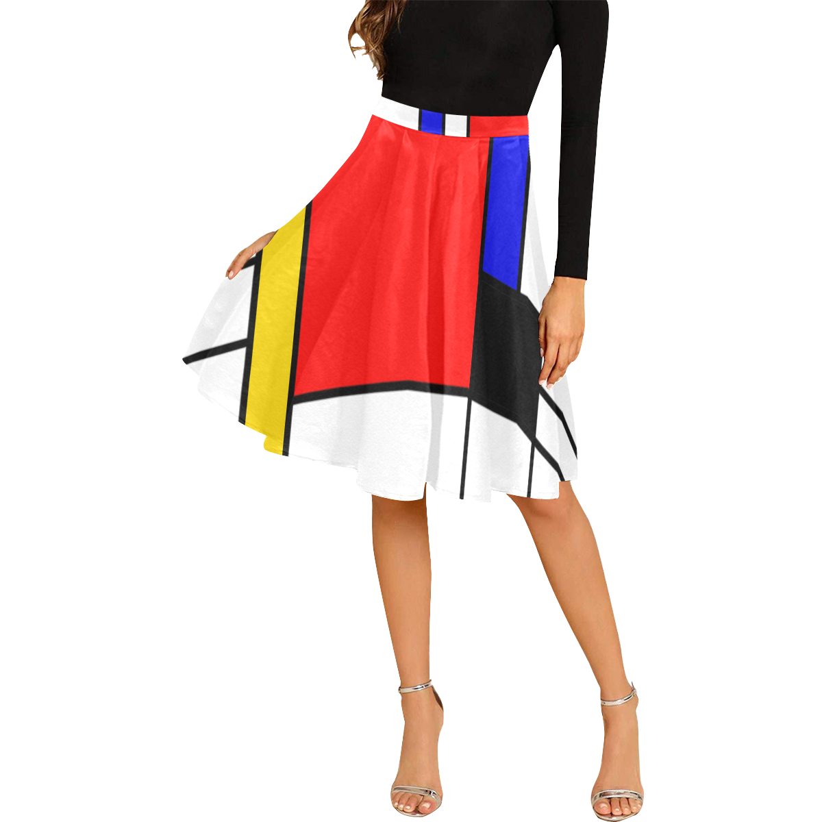 Bauhouse Composition Mondrian Style Melete Pleated Midi Skirt (Model D15)