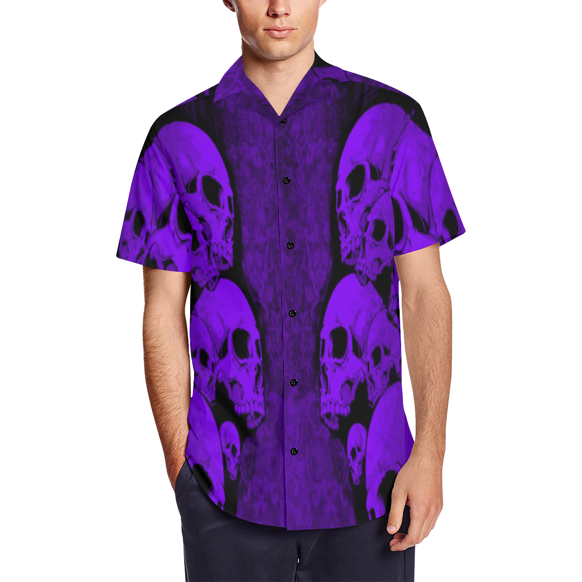 Gothic Purple Skulls Underground Dress Shirt Men's Short Sleeve Shirt with Lapel Collar (Model T54)