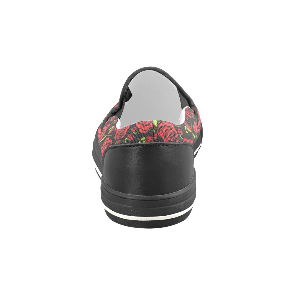 Red Roses on Black Women's Slip-on Canvas Shoes/Large Size (Model 019)