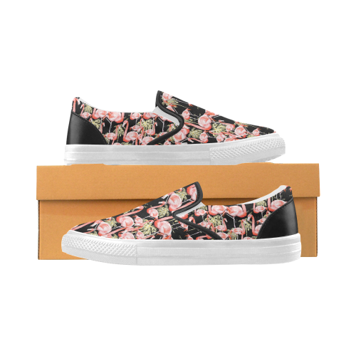 Pattern of flamingos among golden palm trees 2 Women's Slip-on Canvas Shoes (Model 019)