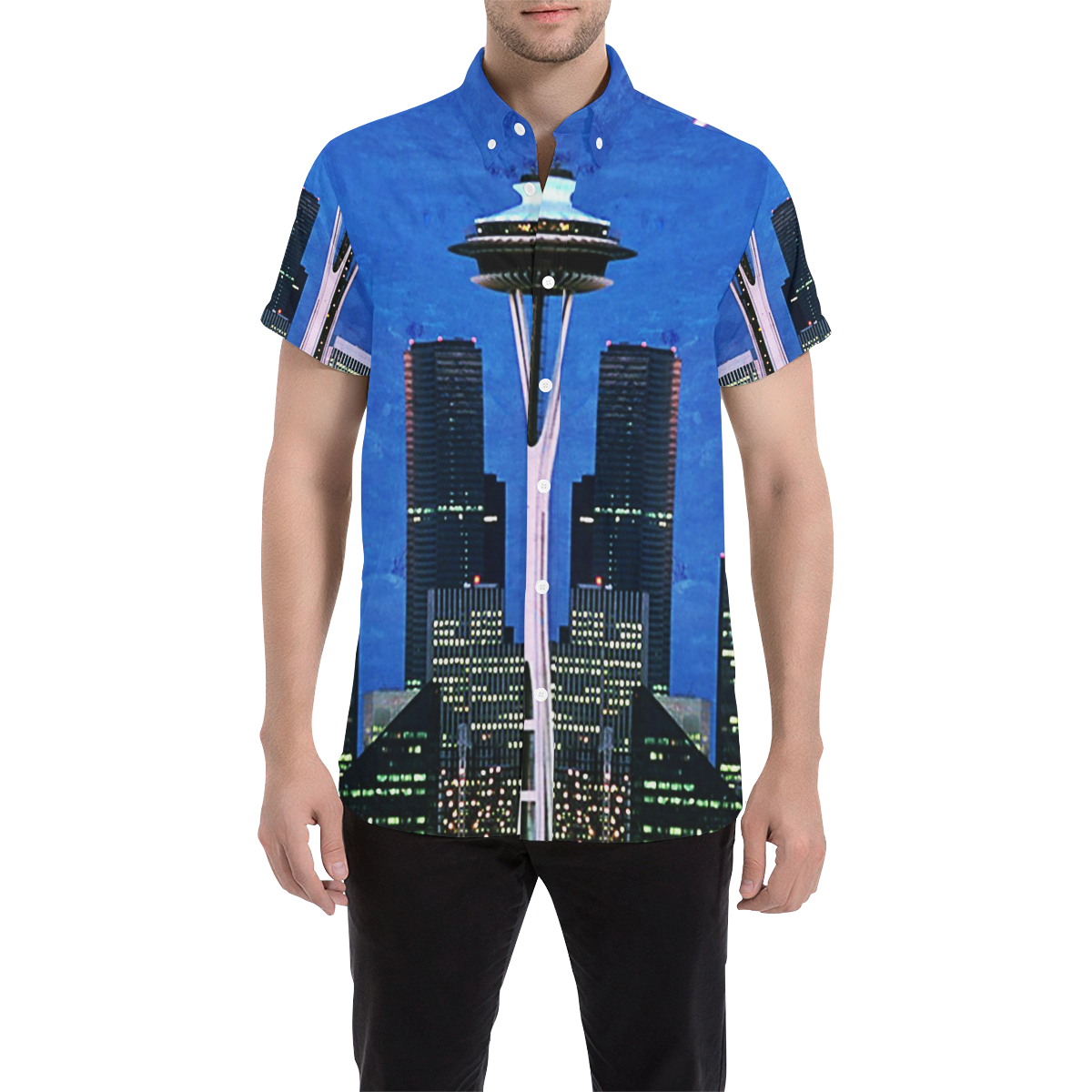 Seattle Space Needle Watercolor Men's All Over Print Short Sleeve Shirt (Model T53)