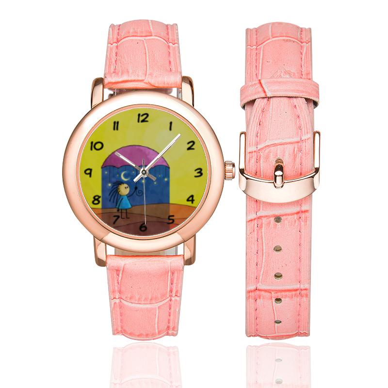 We Only Come Out At Night Women's Rose Gold Leather Strap Watch(Model 201)