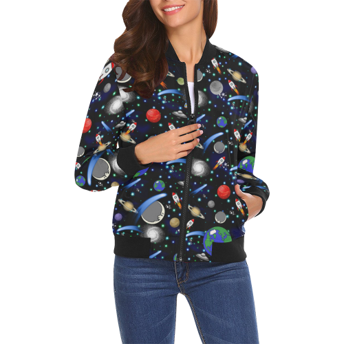 Galaxy Universe - Planets, Stars, Comets, Rockets All Over Print Bomber Jacket for Women (Model H19)