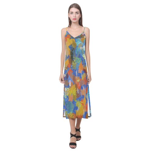 Colorful paint strokes V-Neck Open Fork Long Dress(Model D18)